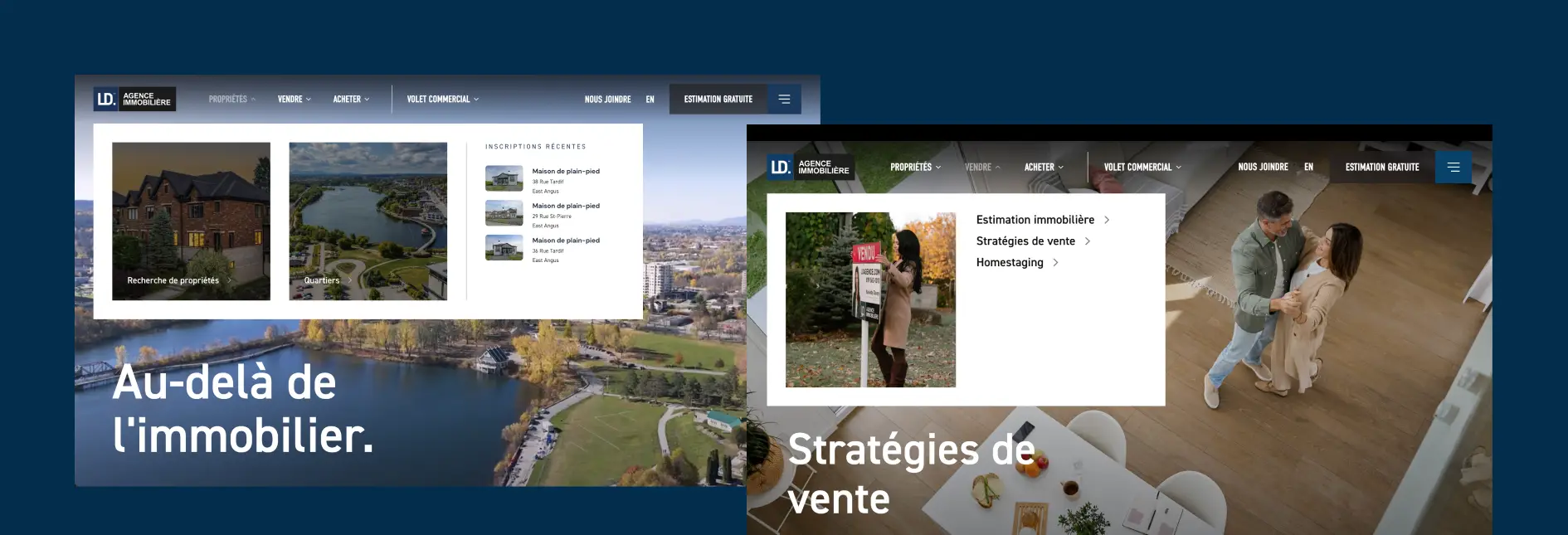 Preview of the drop-down menus on the homepage and sales strategy section of the LD Real Estate Agency website.