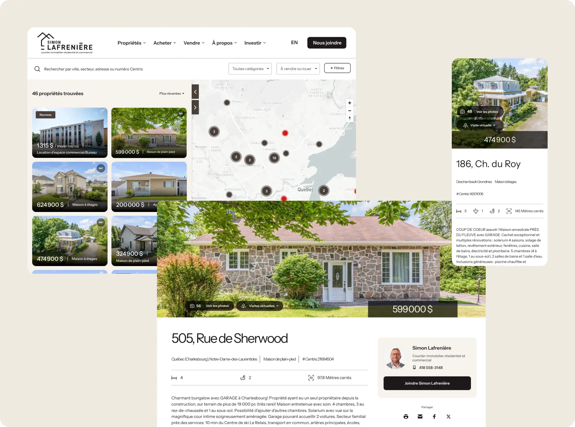 Interface de recherche de propriétés avec carte interactive et fiche immobilière sur le site web de Simon Lafrenière.
