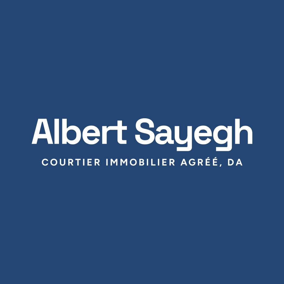 Logo typographique d'Albert Sayegh, courtier immobilier agréé, en texte blanc sur fond bleu marine