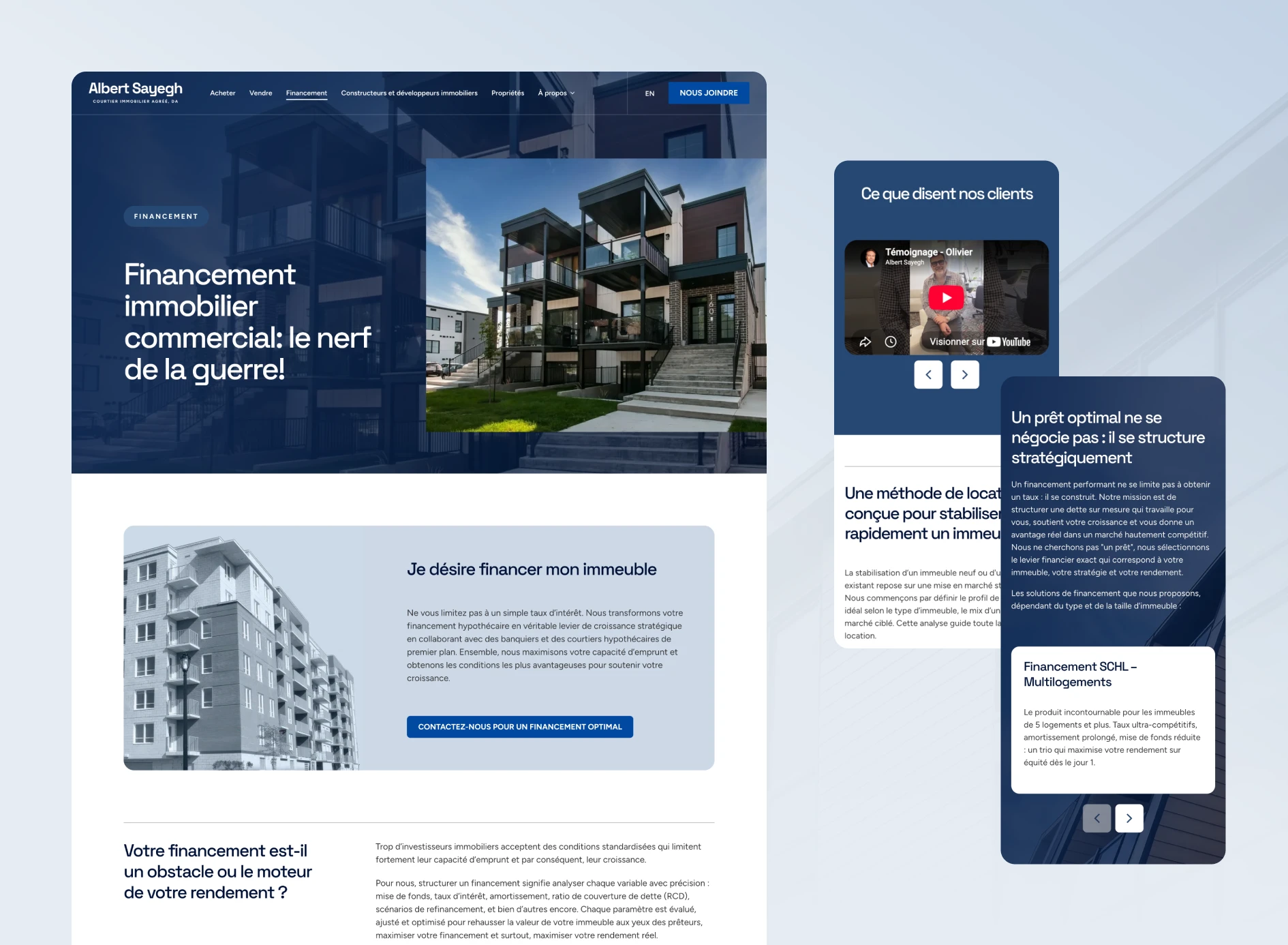 Aperçu de la page dédiée au financement immobilier commercial sur le site web d'Albert Sayegh